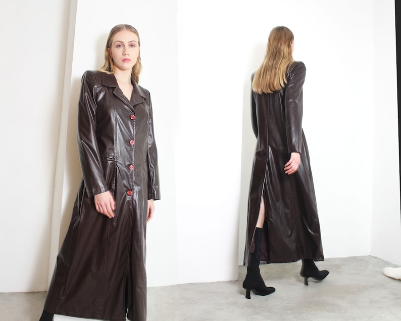 y2k 00s mahogany vinyl floor length futuristic maxi coat image 2