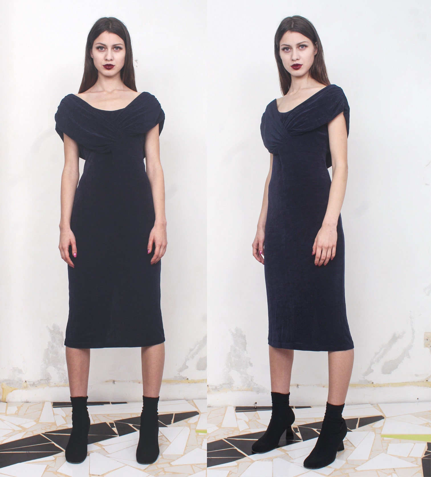 Navy Heavily Draped Elasticized Midi Dress Etsy