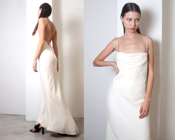 90s ivory velvet draped backless maxi dress - image 4