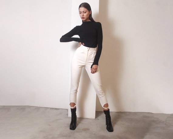 90s ivory denim high waist stirrup jeans leggings… - image 1