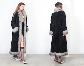 y2k black suede leather faux fur maxi coat