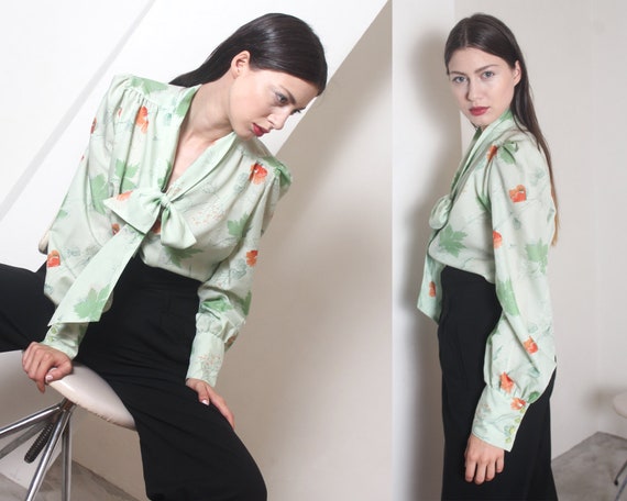 70s mint poppy flower bow ascot blouse