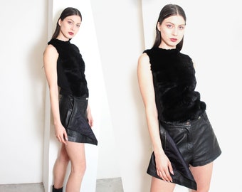 black real fur leather knit top