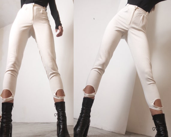 90s ivory denim high waist stirrup jeans leggings… - image 2