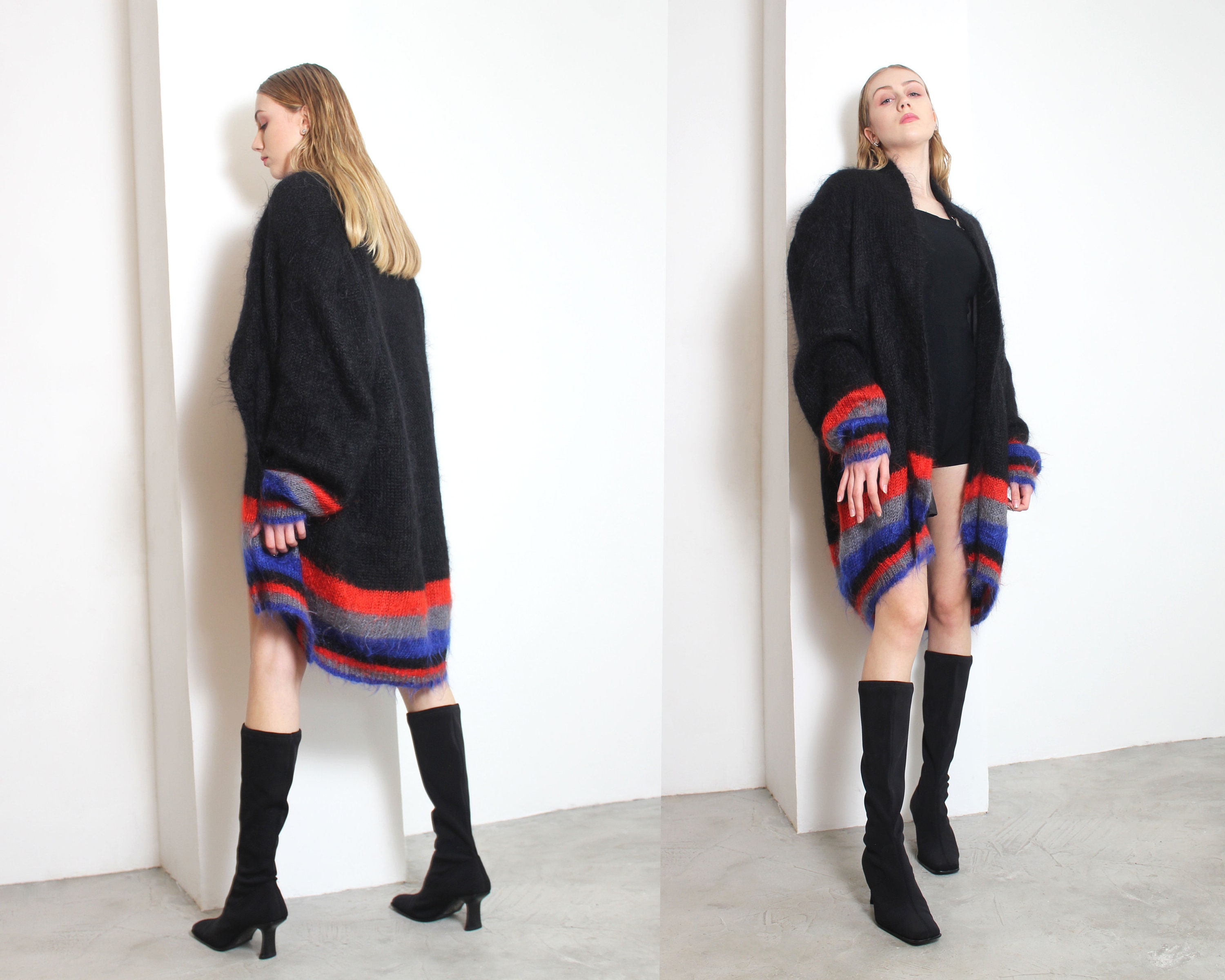 80s Black Mohair Wool Fuzzy Knit Cardigan Os L - Etsy