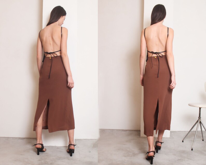 90s brown slits minimal maxi skirt image 2