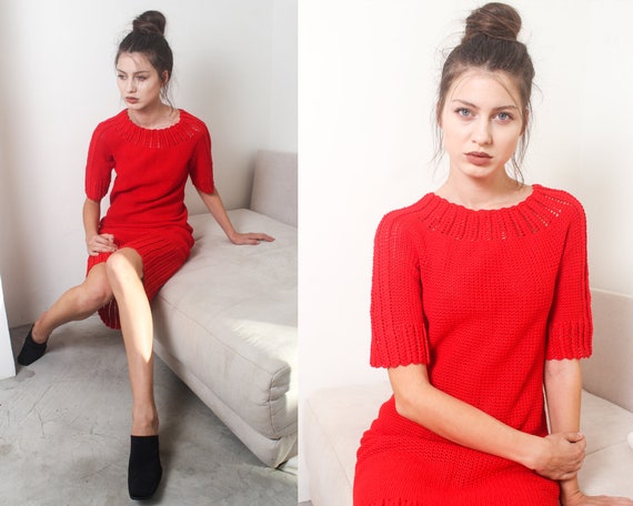 70s red crochet knit scallop midi dress S M - image 2