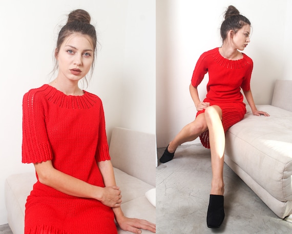 70s red crochet knit scallop midi dress S M - image 1