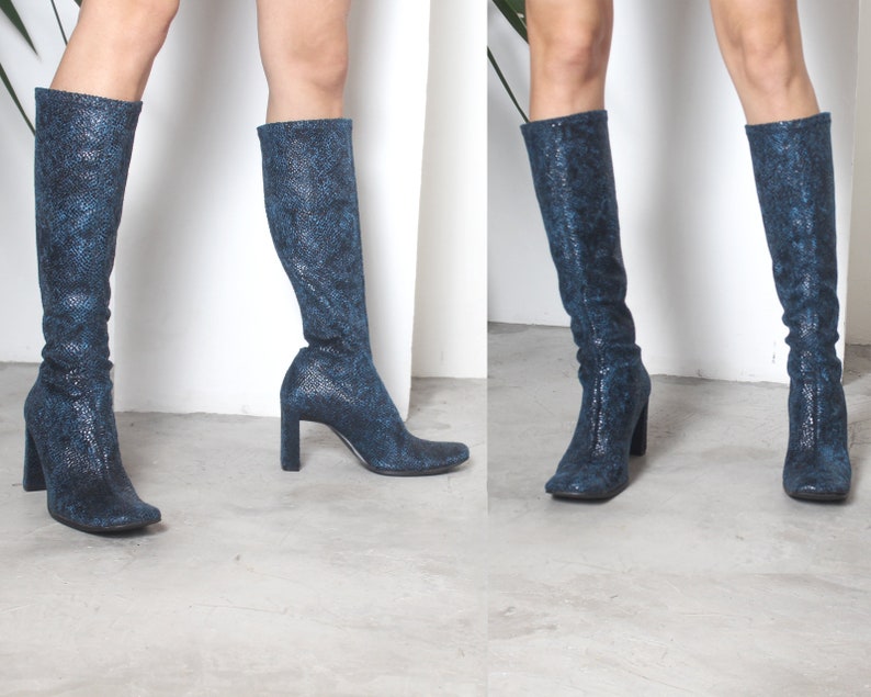 y2k blue snakeskin square toe pull on knee high boots