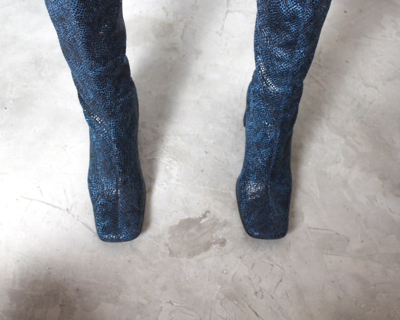 y2k blue snakeskin square toe pull on knee high boots