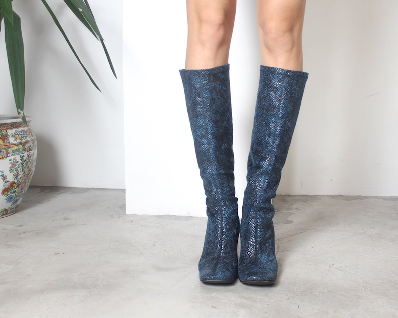 y2k blue snakeskin square toe pull on knee high boots