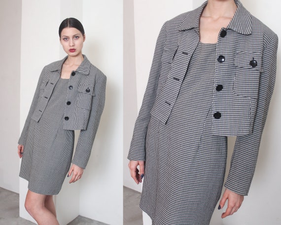 90s b&w houndstooth dress suit set