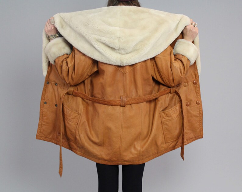 Vtg 80s Brown Leather Hooded Shearling Parka Aviator Coat | Etsy
