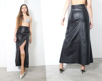 80s black leather slit maxi skirt L