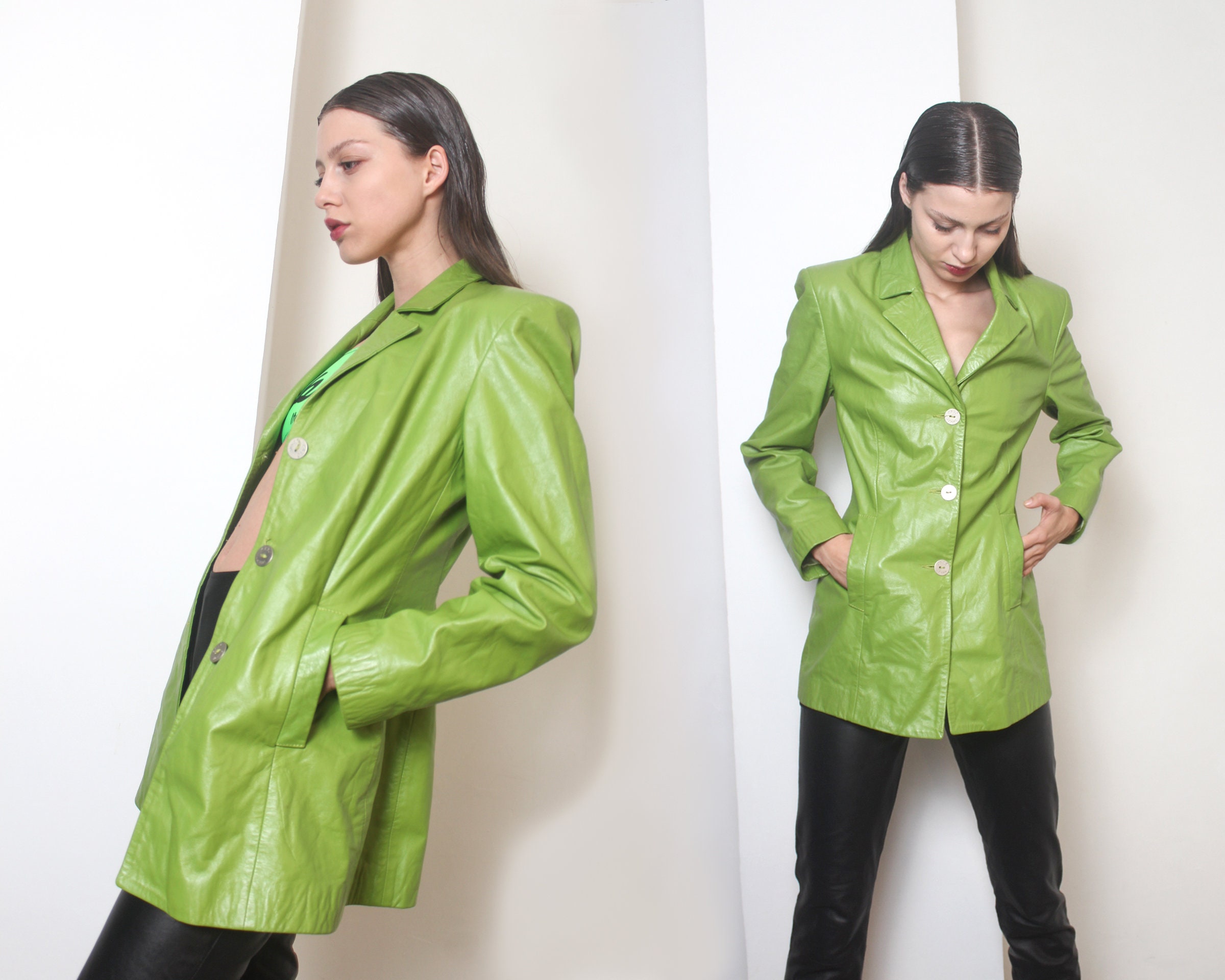 Y2k Lime Green Leather Fitted Blazer Jacket S Etsy UK