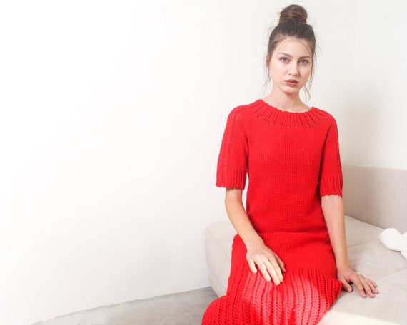 70s red crochet knit scallop midi dress S M - image 6