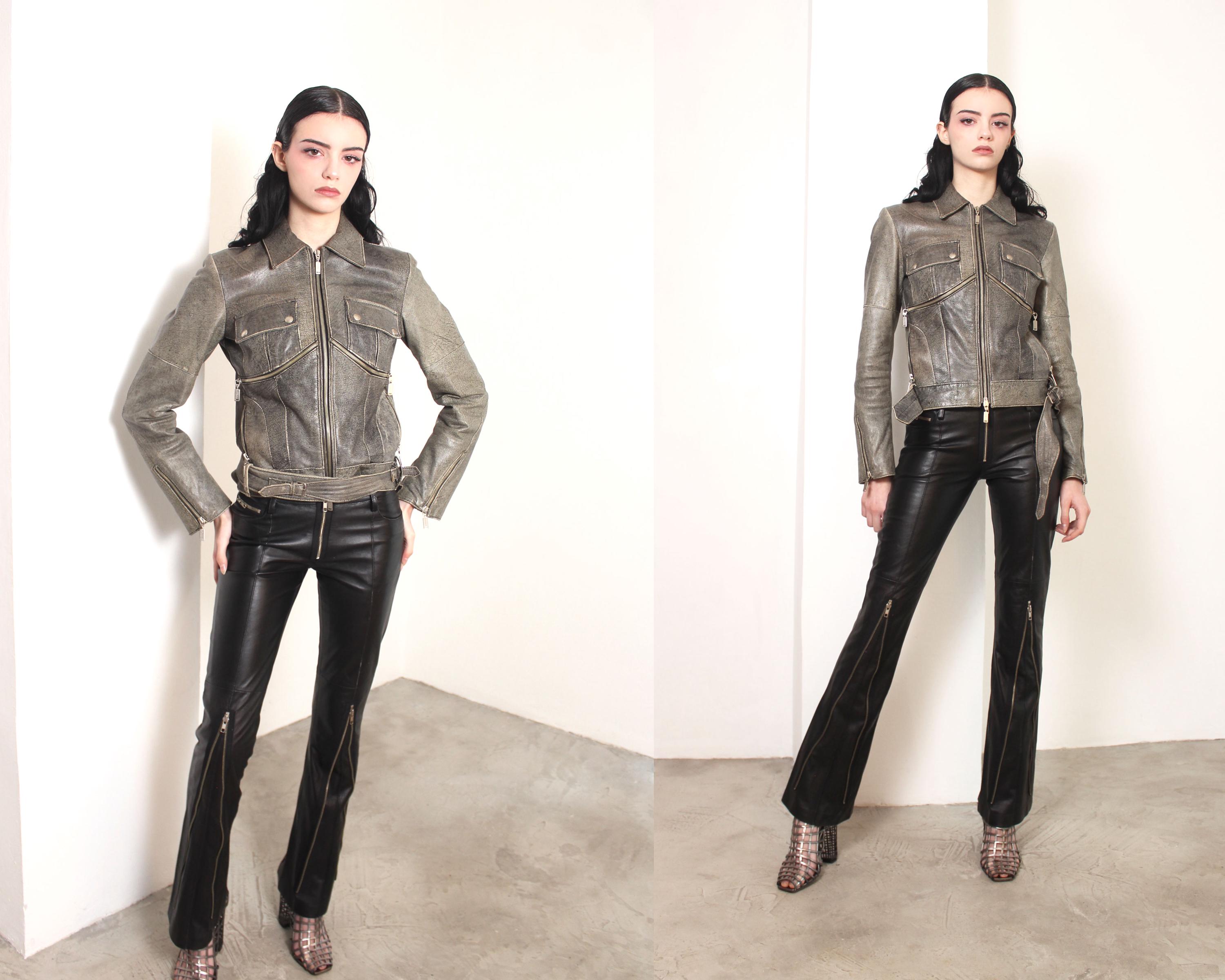 Y2k Grey Distressed Leather Zippers Jacket - Etsy