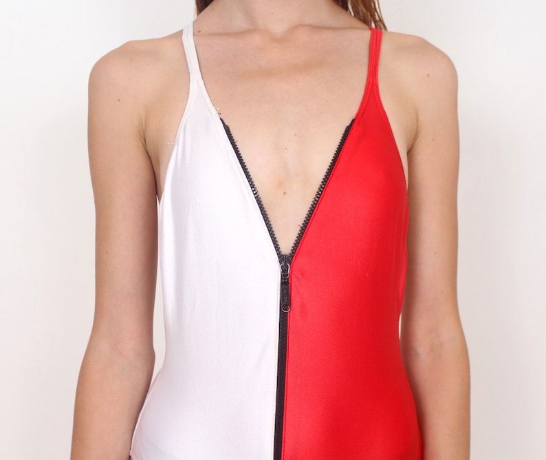 red|white color block zip up racer back swimsuit xs|s