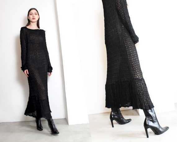 antique black knit crochet maxi dress - image 1