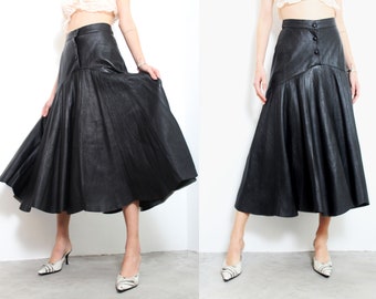 80s black leather button up flowy midi skirt