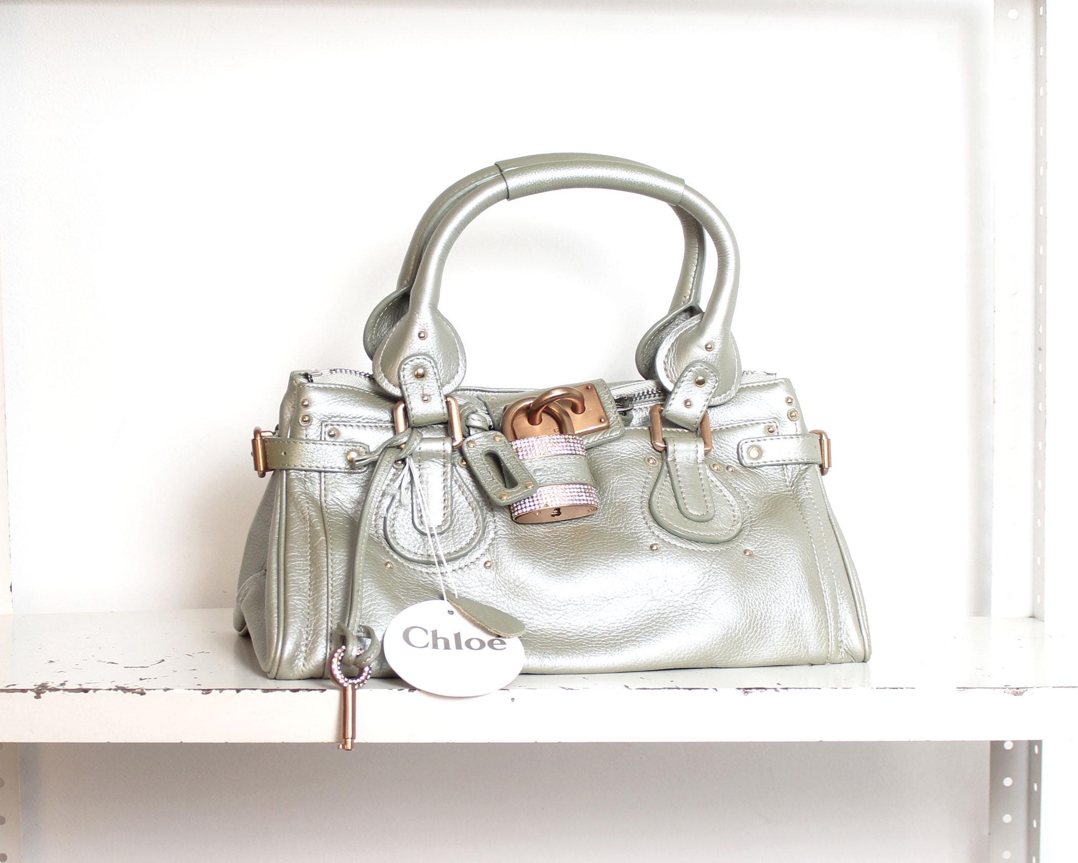 2000s Chloé Paddington Mint Metallic Swarovski Leather Handbag