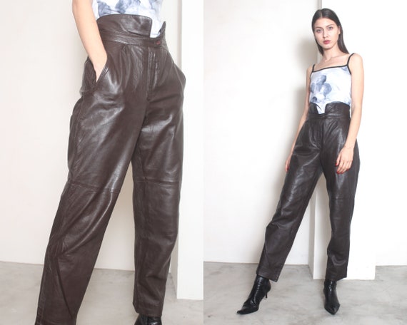 80s brown lambskin leather high waist pants