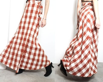 gingham wrap crepe cotton flowy maxi skirt OS