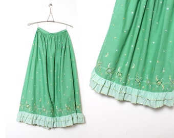 70s mint green embroidered ruffle midi skirt m