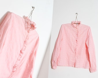 70s baby pink ruffle eyelet cutout embroidered blouse shirt