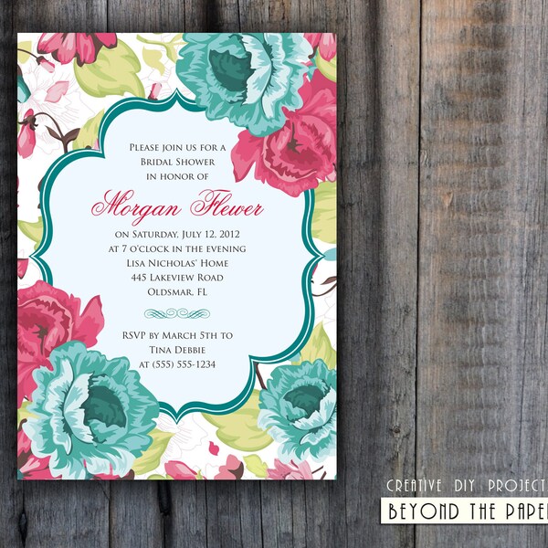 Printable Elegant and Floral Template Bridal shower Invitation - Custom colors - DIY Invitation - Digital files