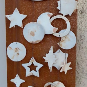 Handmade Large Porcelain Brown & White Moon Chime, 5 Strings Of Celestial Pieces, 3 Pieces Each String, Moons, Stars And Circular Celestial