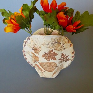 Handmade Glazed Inside Stoneware Brown Leaf Imprinted 6 1/2&quot; W x 6 1/4&quot; H Pouch Vase, Real Leaves Used To Make Impressions