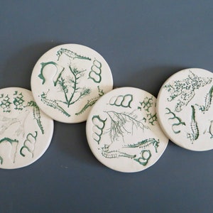 4 Handmade 3 3/4" Diameter Round Porcelain Green Ocean Coasters, Lead Free, Real Ocean Product Used To Make Impressions