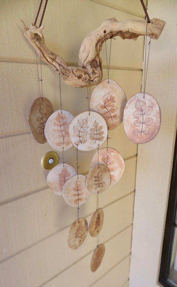 Handcrafted Porcelain Wind Chime on Real Grapevine, Brown Leaf, 12  Suspended Pieces, Hanging Cord, Real Leaves Used to Make Impressions 