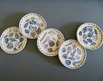 5 Handmade Stoneware Blue Mixed Leaf Imprinted 5" Diameter Round Plates, Lead Free, Real Leaves Used To Make Impressions