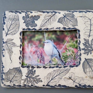 Handmade Stoneware Blue Mixed Leaf Imprinted 4x6 Picture Frame, For Tabletop or Wall Mounted/Hung, Real Leaves Used To Make Impressions