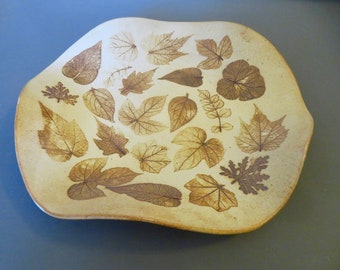 Handmade Round High Low Glazed Stoneware Brown Leaf Imprinted Platter, 14 1/2" D, 2 3/4" H, Lead Free, Real Leaves Used To Make Impressions