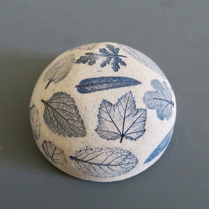 Handmade Stoneware Blue Leaf Imprinted Paperweight, 3 3/8" Diameter, 2" Height, Solid Dome Shaped, Real Leaves Used To Make Impressions