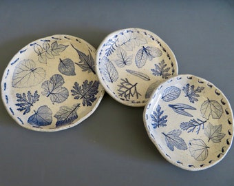 3 Handmade Glazed Stoneware Blue Mixed Leaf Imprinted Round Plates, 1 - 6"  2 - 5" Diameter, Lead Free, Real Leaves Used To Make Impressions