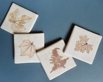 Set Of 4 Handmade Lead Free Stoneware 4 1/4" Square Brown Mixed Leaf Imprinted Tiles/Coasters, Wall Accent, Real Leaves Used For Impressions