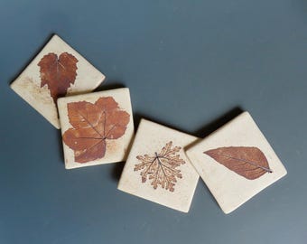 4 Handmade Lead Free Stoneware 4 1/4" Square Brown Single Leaf Imprinted Tiles/Coasters, Wall Accent, Real Leaves Used For Impressions