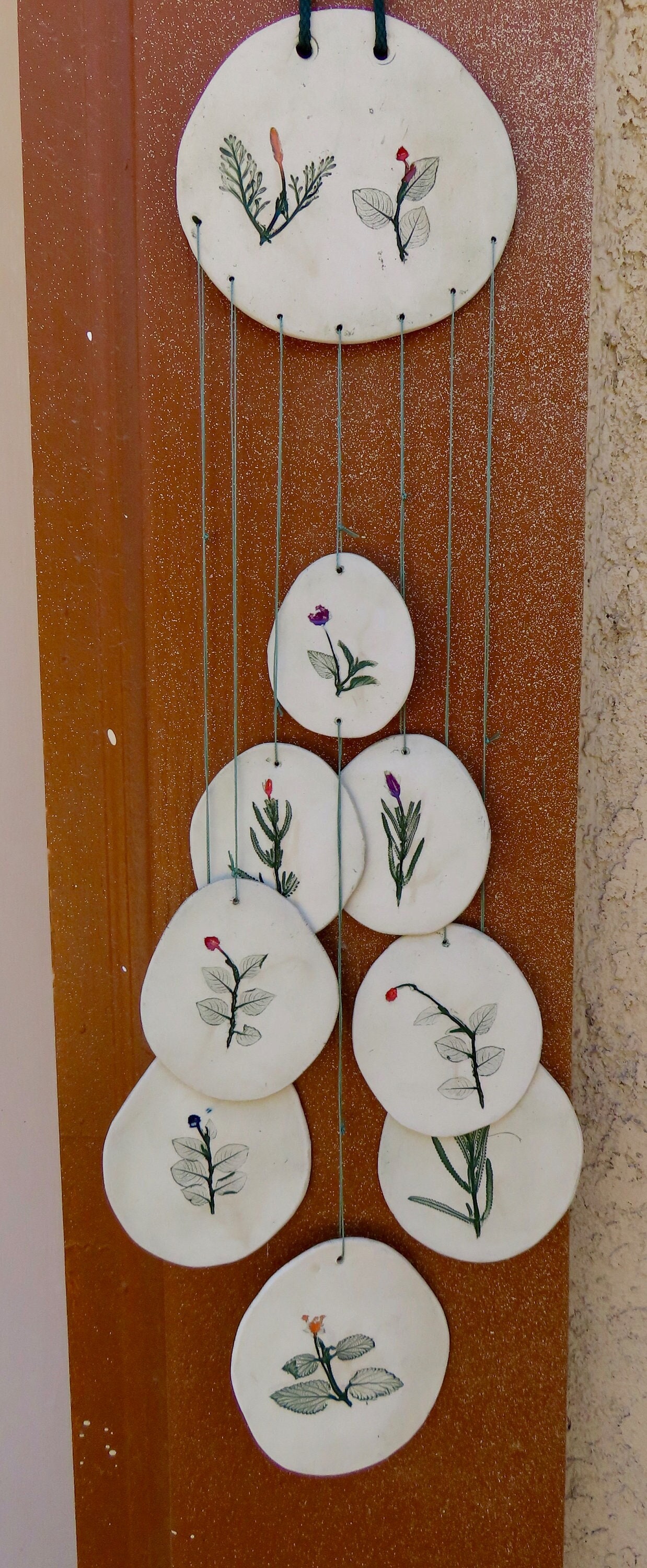 Handcrafted Porcelain Wind Chime, Multi Clrd Floral, 8 Suspended Pieces, Nylon Thread Suspends Pieces, Real Flowers Used To Make Impressions
