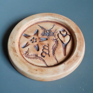 May include: A round, beige ceramic plate with raised relief designs of marine life. The plate features a starfish, seahorses, a shell, and other sea creatures. The rim of the plate is slightly raised and darker in color.