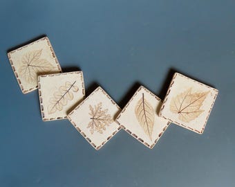 Set of 5 Handmade Lead Free Stoneware 3 1/2" Square Edged Brown Single Leaf Imprinted Tiles/Coasters, Real Leaves Used To Make Impressions