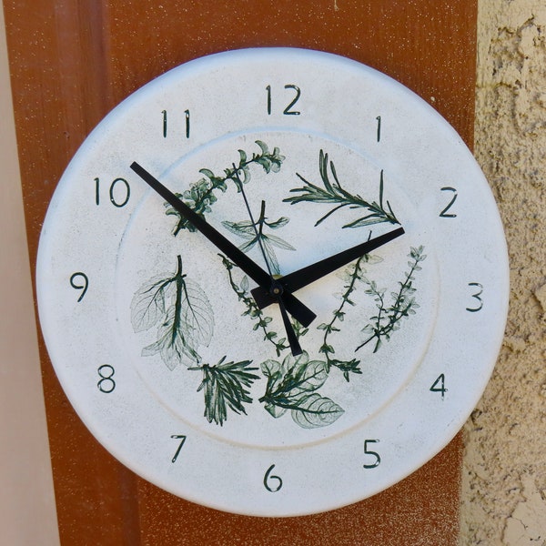 Handmade Indoor Outdoor Stoneware 9" Diameter Round Green Herbal Wall Clock, Real Herbs Used To Make Impressions