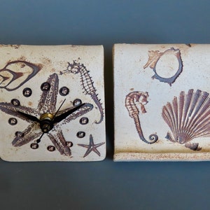 Ceramic Stoneware Brown Ocean Business Card Holder And Desk Clock, Battery Included, Handmade, Real Ocean Product Used For Impressions, Desk