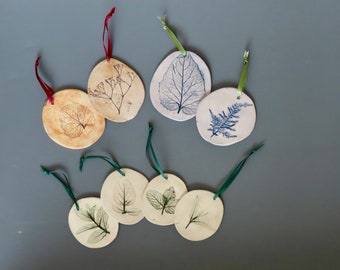 8 Handmade Porcelain Leaf Imprinted Holiday Ornaments, Set Has Various Sizes, Hanging Ribbon With Ties, Real Leaves Used To Make Impressions