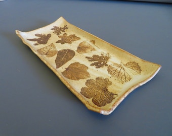 Handmade Rectangular Glazed Stoneware Brown Mixed Leaf Imprinted Tray, 10" x 4 1/4+", Lead Free, Real Leaves Used To Make Impressions