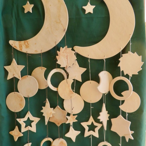 2 Handmade Large Porcelain Brown White Moon Chimes, 5 Strings Of Celestial Pieces, 3 Pieces Each shops String, Moons, Stars And Circular Celestial