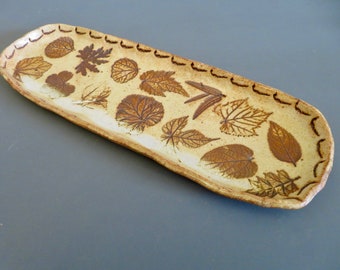 Handmade Oblong Glazed Stoneware Brown Mixed Leaf Imprinted Snack Tray, 11 1/2" x 4", Lead Free, Real Leaves Used To Make Impressions